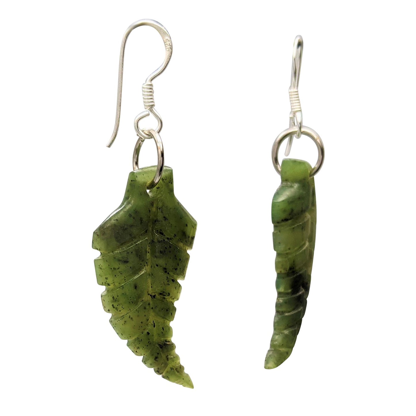
                  
                    Nephrite Jade Sterling Silver Boho Carved Fern Leaf Dangle Earrings
                  
                