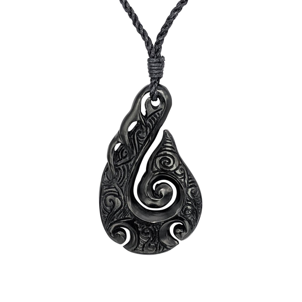 Horn Engraved Hei Matau Wave Whale Tail Koru Pendant Cord Necklace