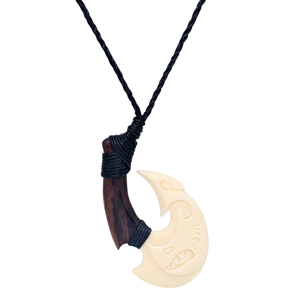 Bone Wood Engraved Shark Hei Matau Pendant Maori Style Cord Necklace