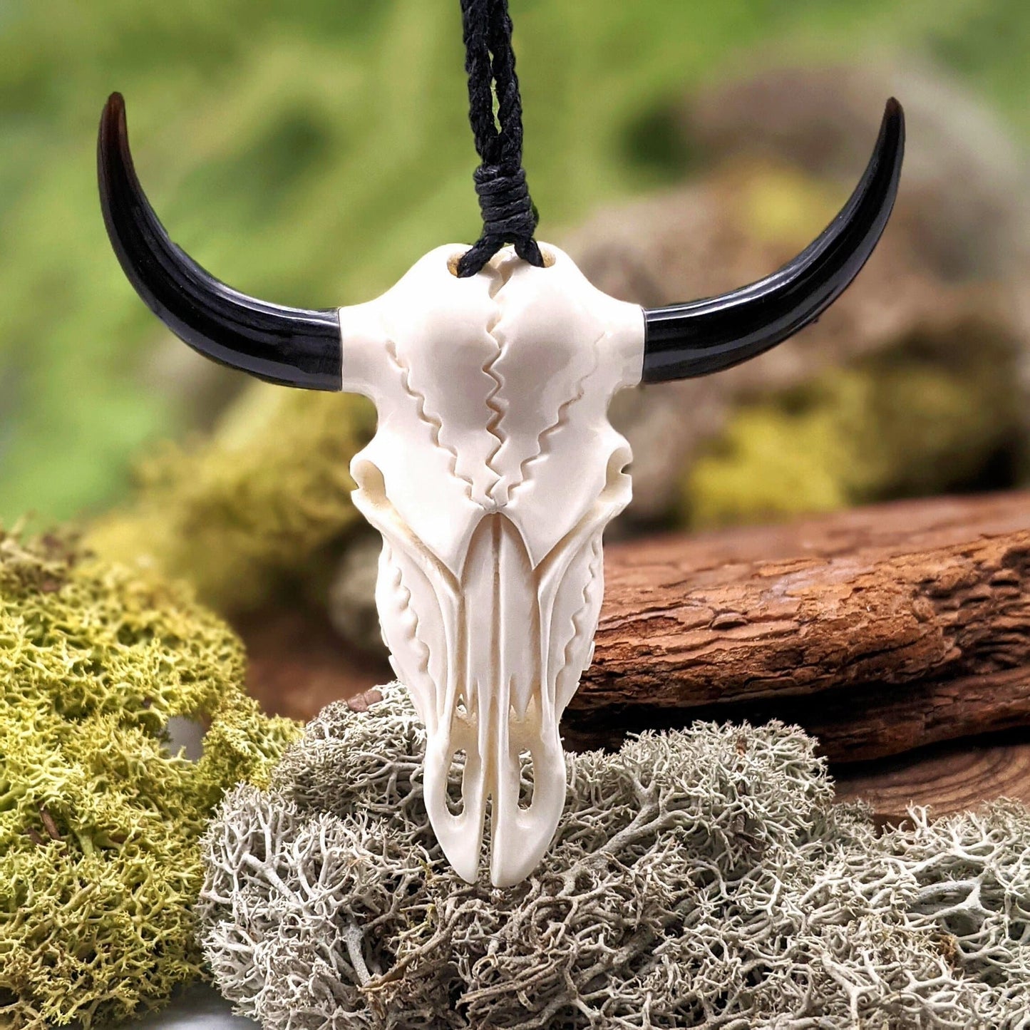 
                  
                    Bone Horn Large Buffalo Cow Bull Skull Pendant Tribal Cord Necklace
                  
                
