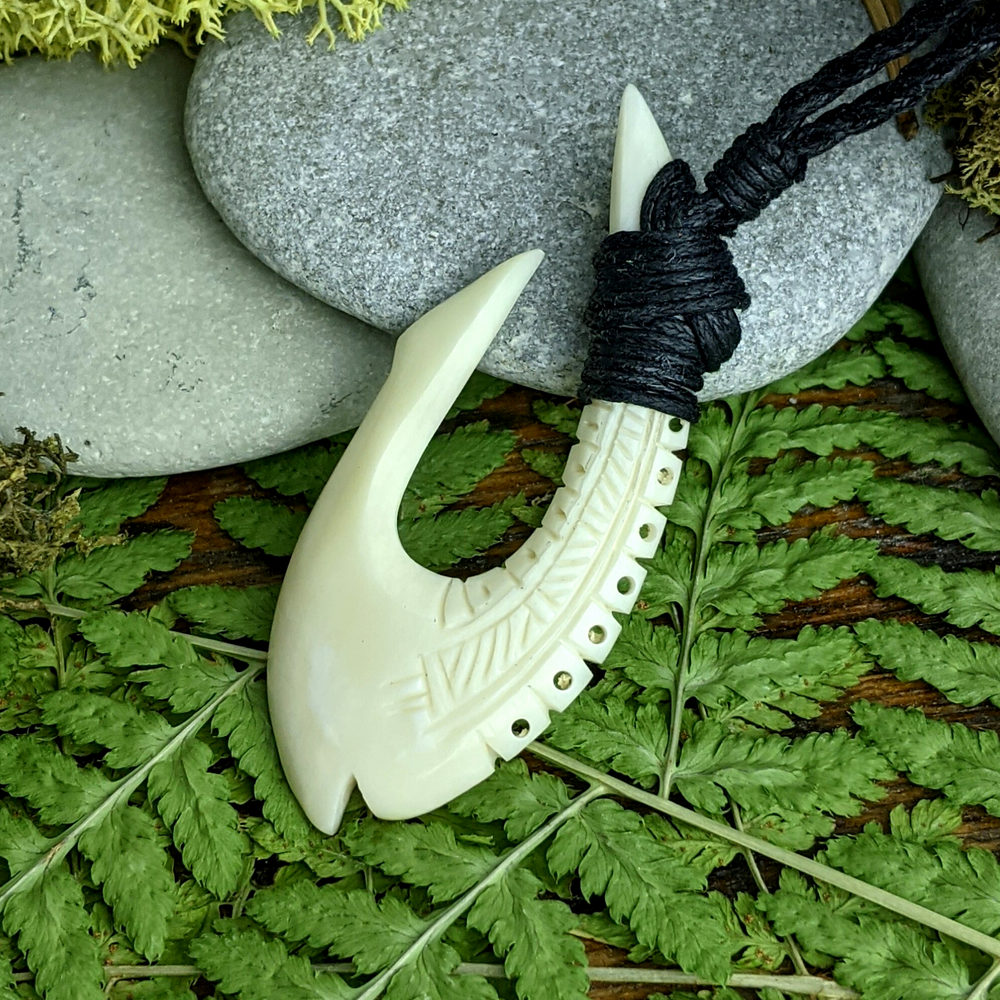 
                  
                    Bone Hei Matau Engraved Maori Style Pendant Tribal Cord Necklace
                  
                