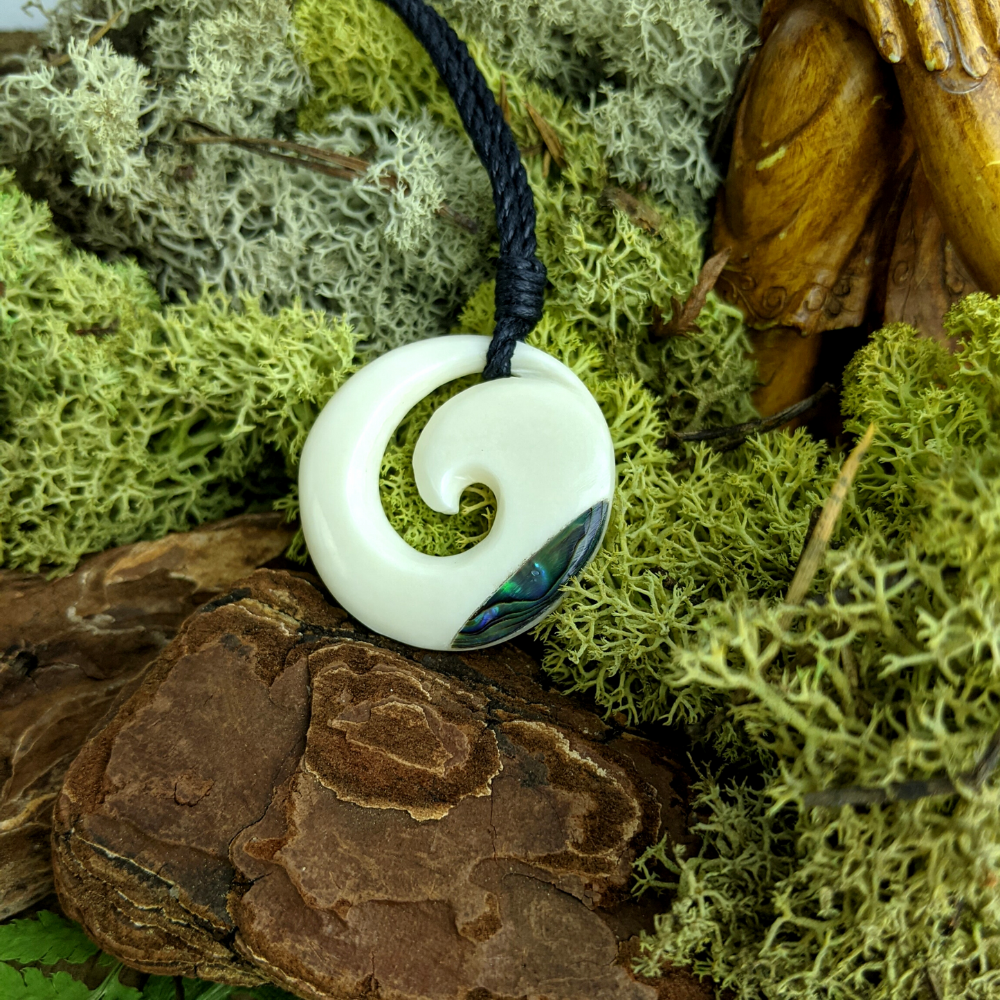 
                  
                    Bone Abalone Shell Round Simple Koru Spiral Pendant Cord Necklace
                  
                