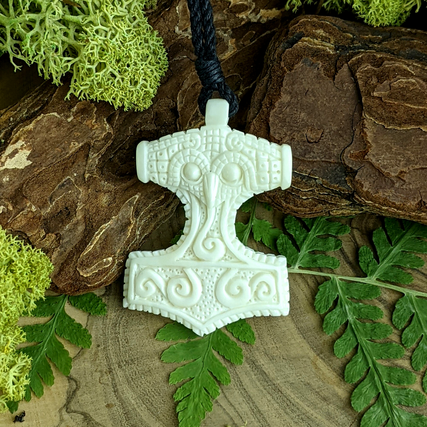 
                  
                    Bone Viking Mjolnir Thor's Hammer Pendant Tribal Norse Cord Necklace
                  
                