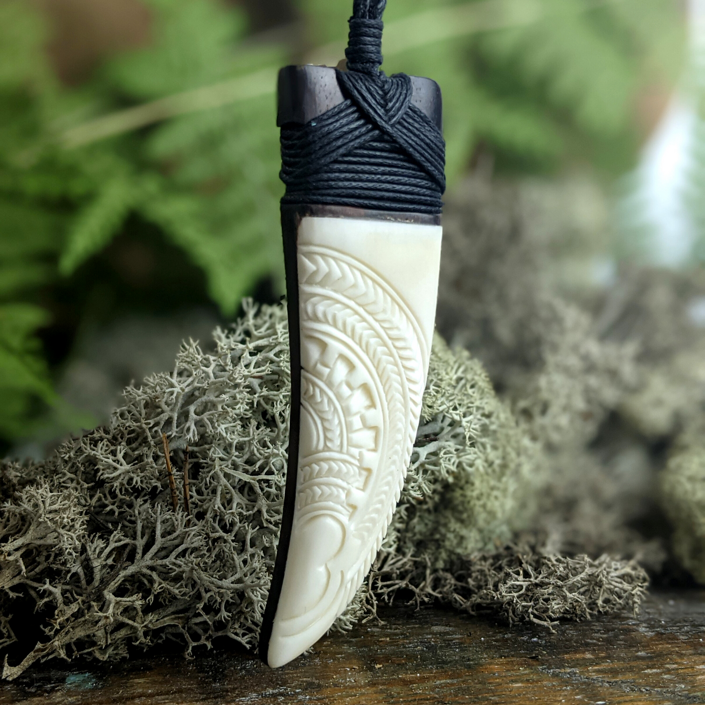 
                  
                    Bone Wood Engraved Niho Shark Tooth Pendant Maori Style Necklace
                  
                