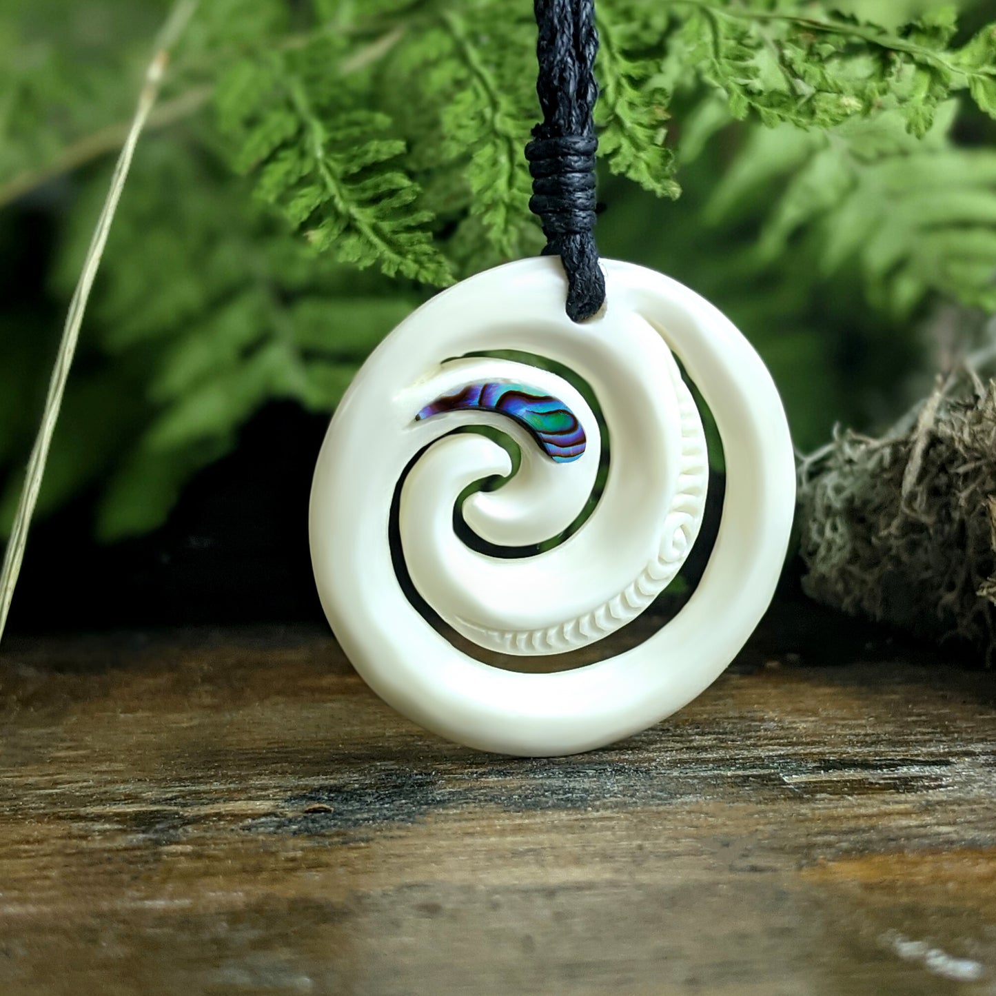 
                  
                    Bone Abalone Round Double Koru Spiral Pendant Maori Style Necklace
                  
                