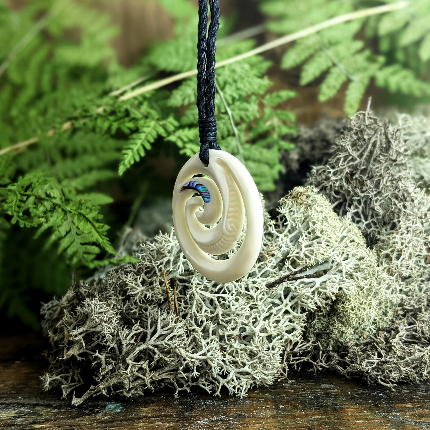 
                  
                    Bone Abalone Round Double Koru Spiral Pendant Maori Style Necklace
                  
                
