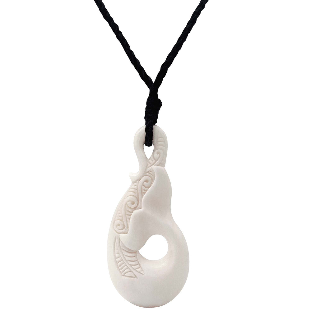 Bone Whale Tail Engraved Hei Matau Fish Hook Pendant Cord Necklace