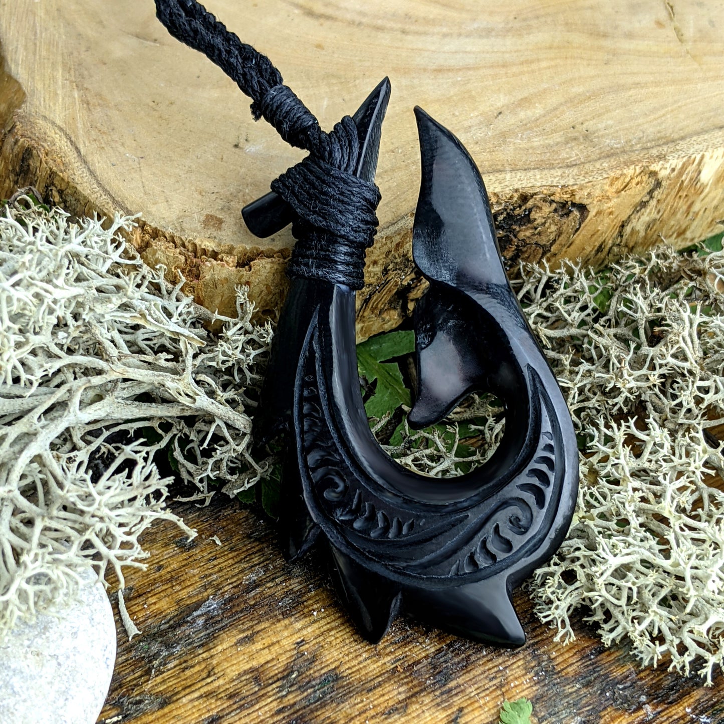 
                  
                    Horn Large Engraved Hei Matau Whale Tail Muri Paraoa Pendant Necklace
                  
                
