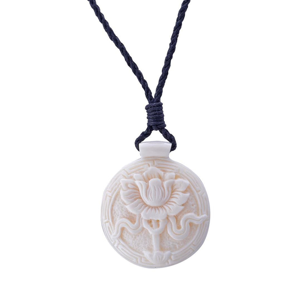 Bone Tibetan Round Lotus Flower Buddha Amulet Pendant Cord Necklace