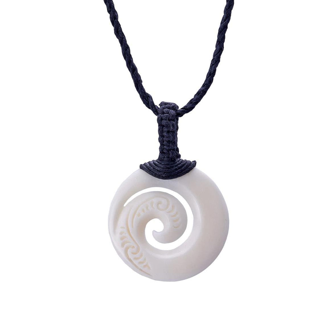 Bone Maori Style Koru Spiral Round Pendant Tribal Cord Necklace