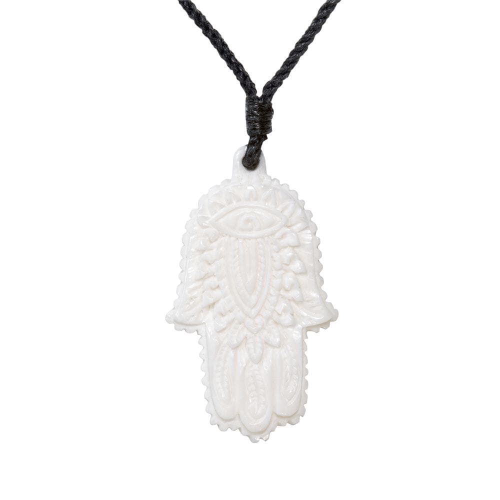 Bone Fatima Hamsa Hand Pendant Cord Necklace Hand Carved Jewellery