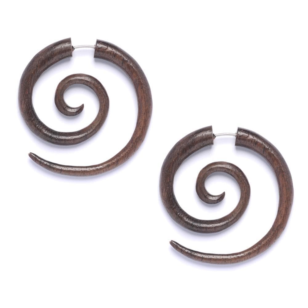 Wood  40 mm Round Spiral Fake Stretchers Wooden Boho Tribal Earrings