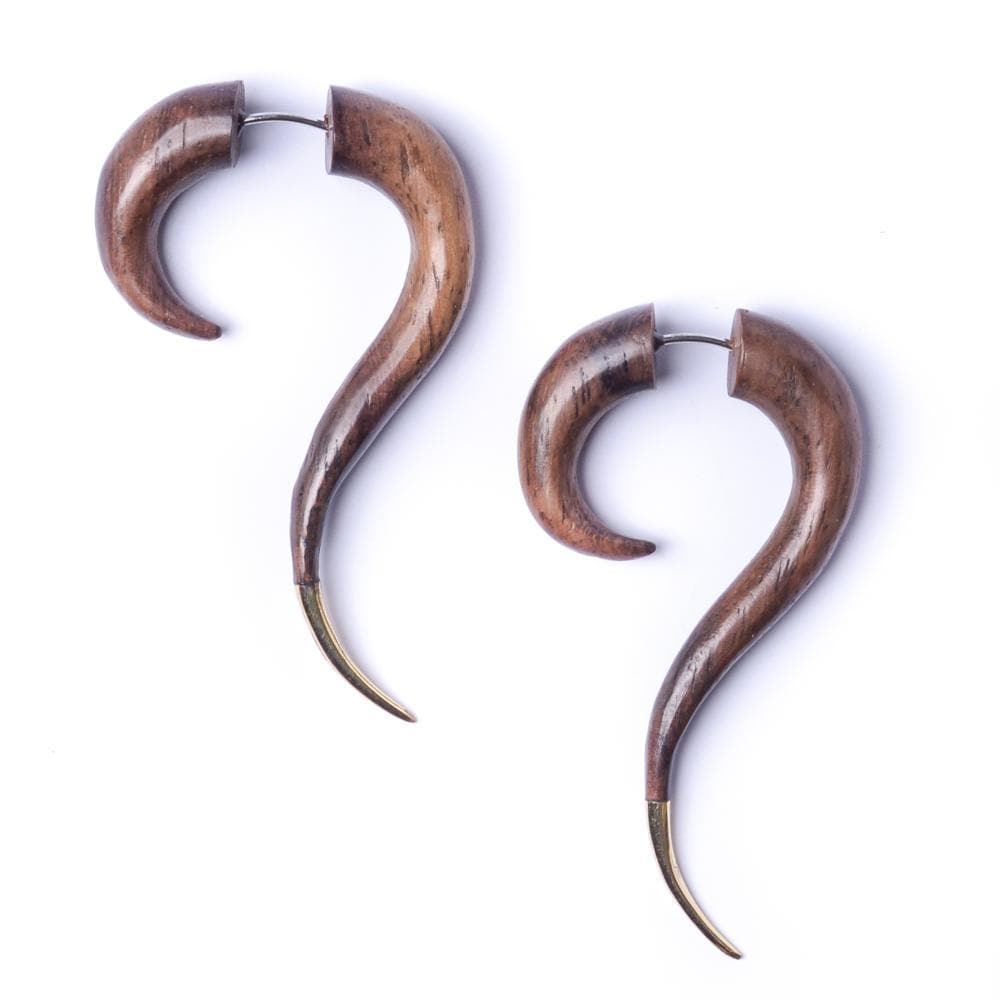 Wood Gold Brass Tip Long Spiral Tribal Fake Ear Stretcher Earrings