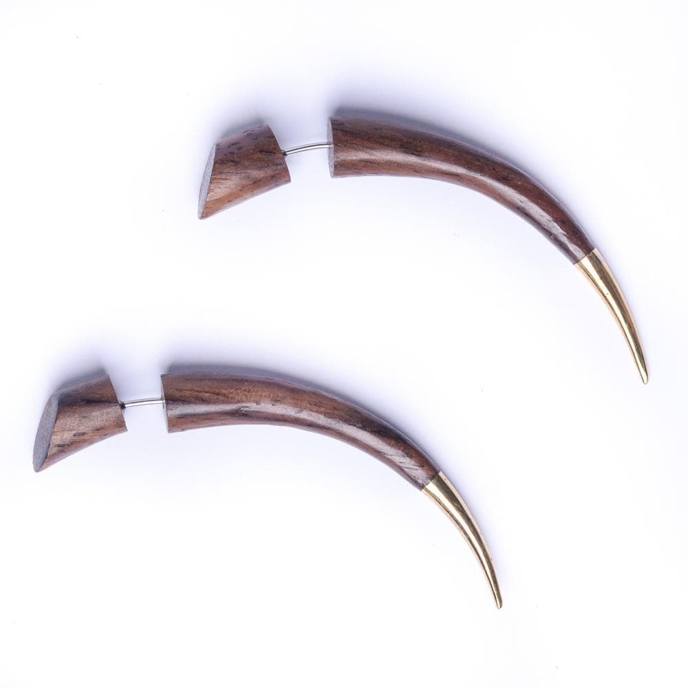 Wood Long Spike Fake Stretcher Earrings With Gold Brass Tips