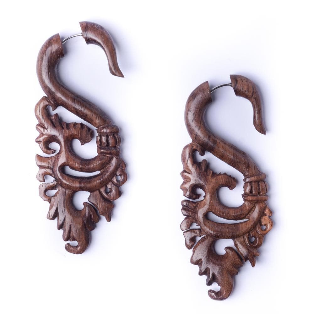 Wood Long Statement Long Floral Fake Stretchers Wooden Tribal Earrings