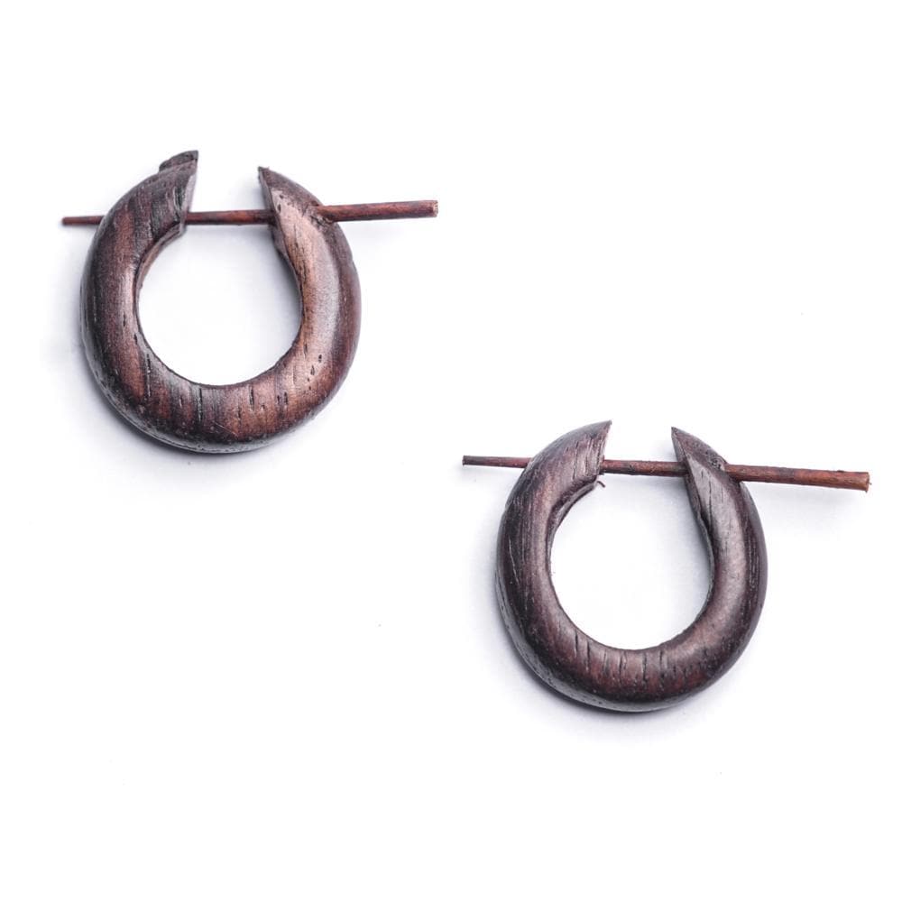 
                  
                    Wood Small Hoop Pin Earrings Round Tribal Design With Stick Posts
                  
                