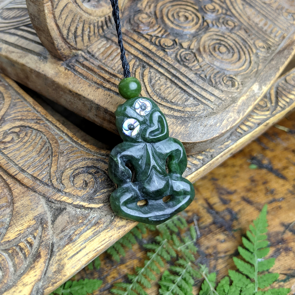 
                  
                    Nephrite Jade Abalone Small Hei Tiki Pendant Maori Style Necklace
                  
                