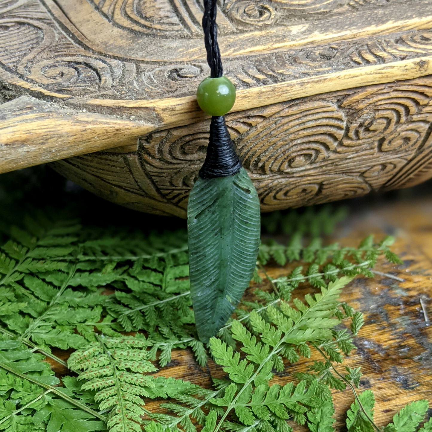 
                  
                    Nephrite Jade Leaf Long Feather Pendant Boho Cord Gemstone Necklace
                  
                