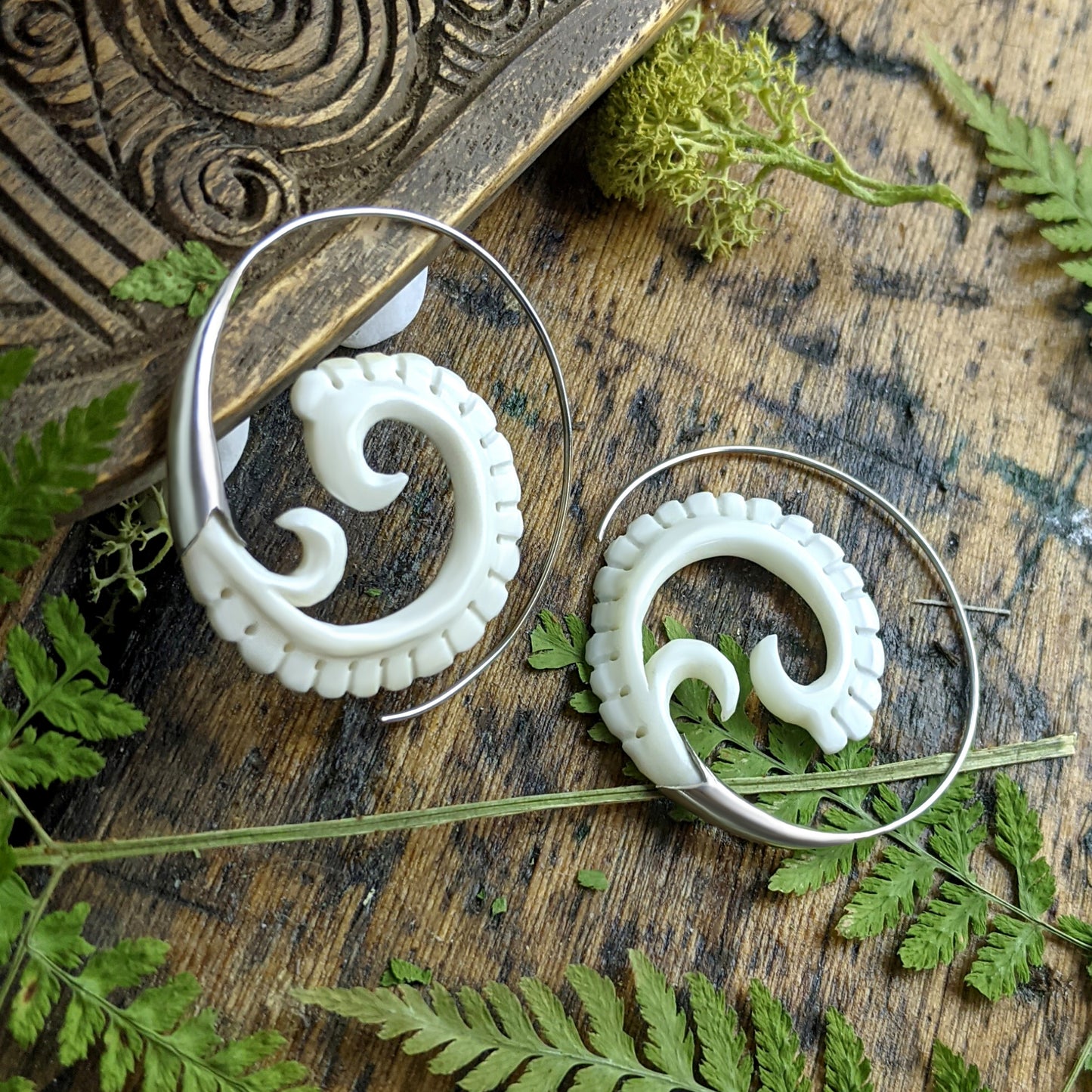 
                  
                    Sterling Silver Bone Maori Tyle Double Koru Spiral Threader Earrings
                  
                