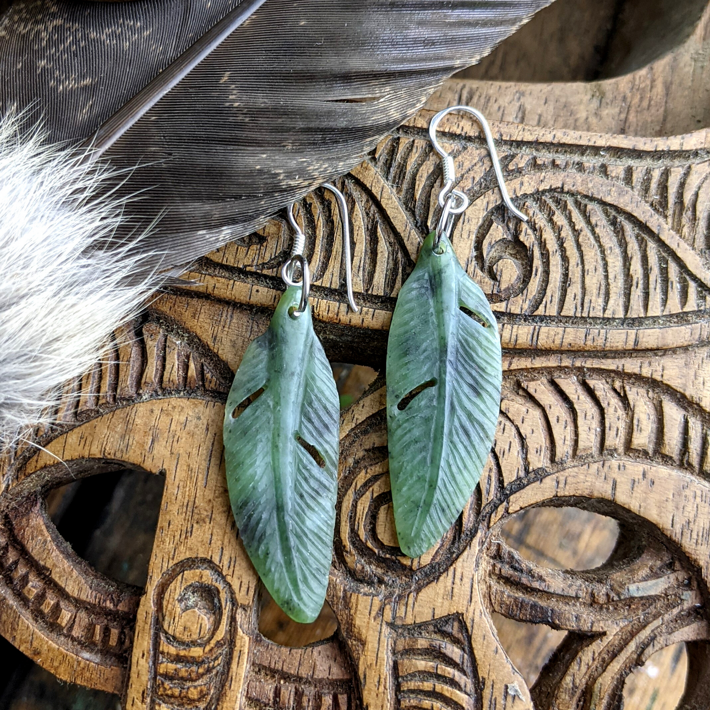 
                  
                    Nephrite Jade Sterling Silver Carved Detailed Feather Drop Earrings
                  
                