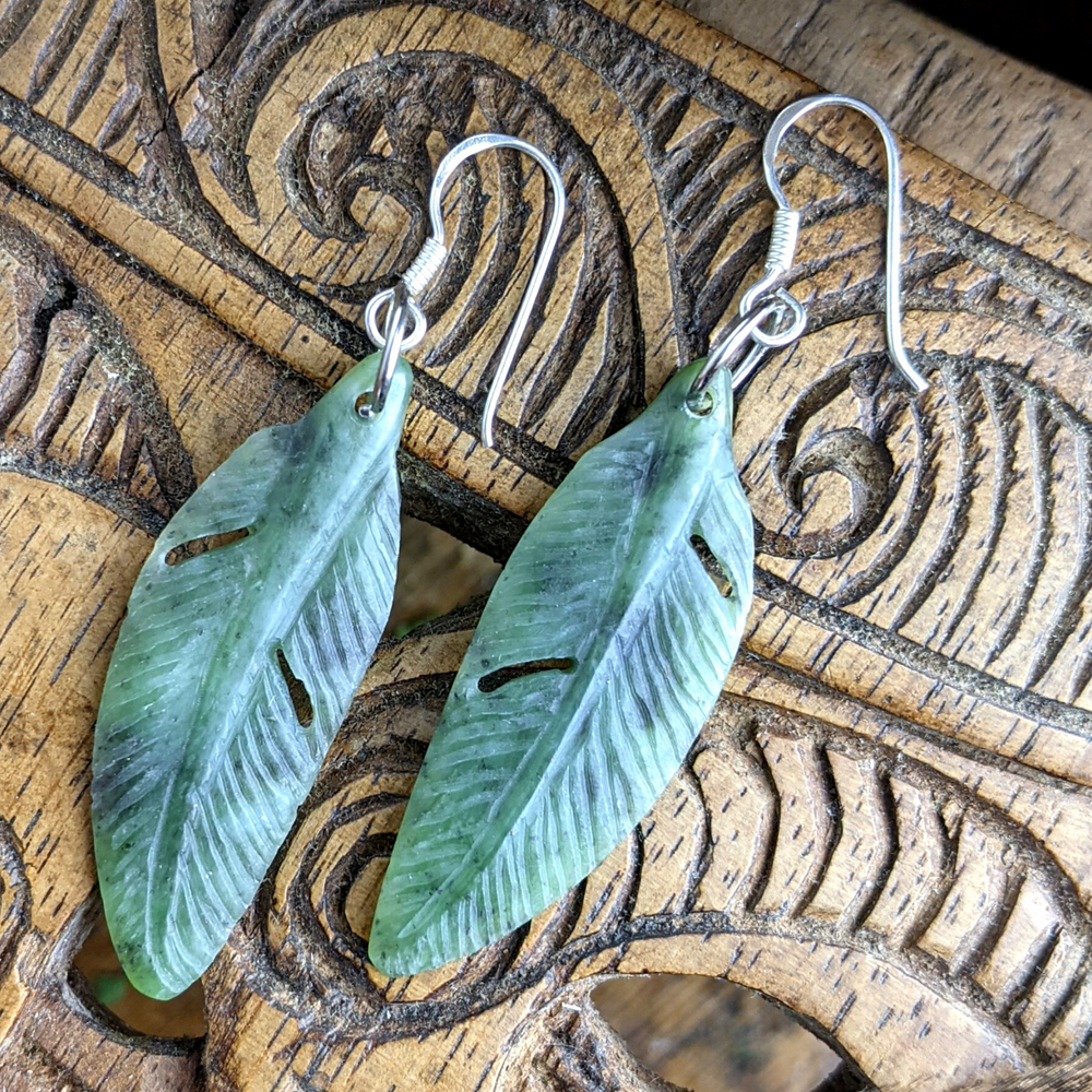 Nephrite Jade Sterling Silver Carved Detailed Feather Drop