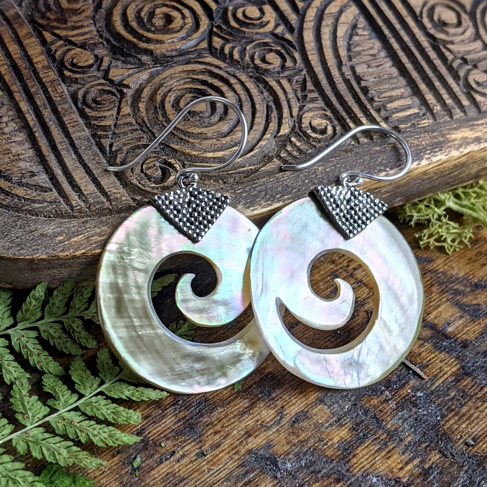 
                  
                    Mother of Pearl Sterling Silver Round Spiral Tribal Dangle Earrings
                  
                