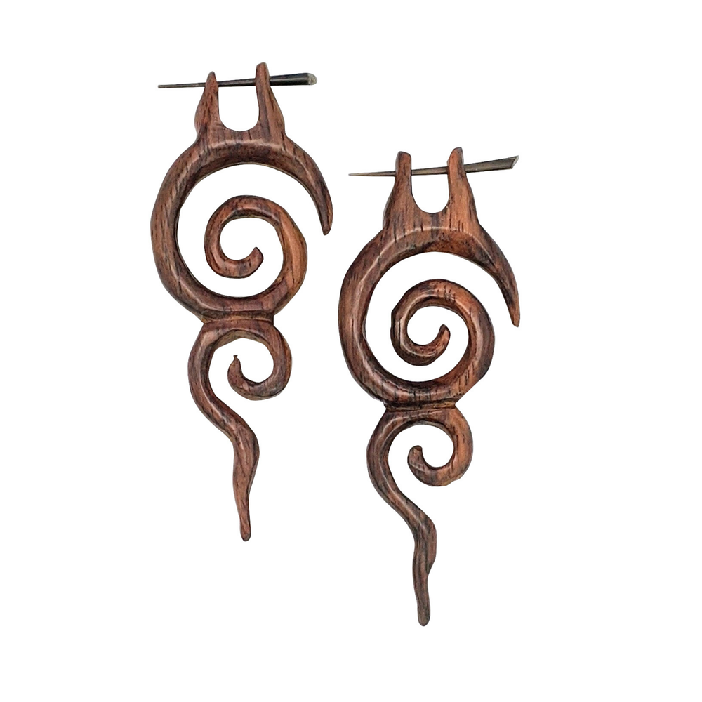 
                  
                    Wood Long Spiral Dangle Pin Earrings Boho Tribal Design Stick Posts
                  
                