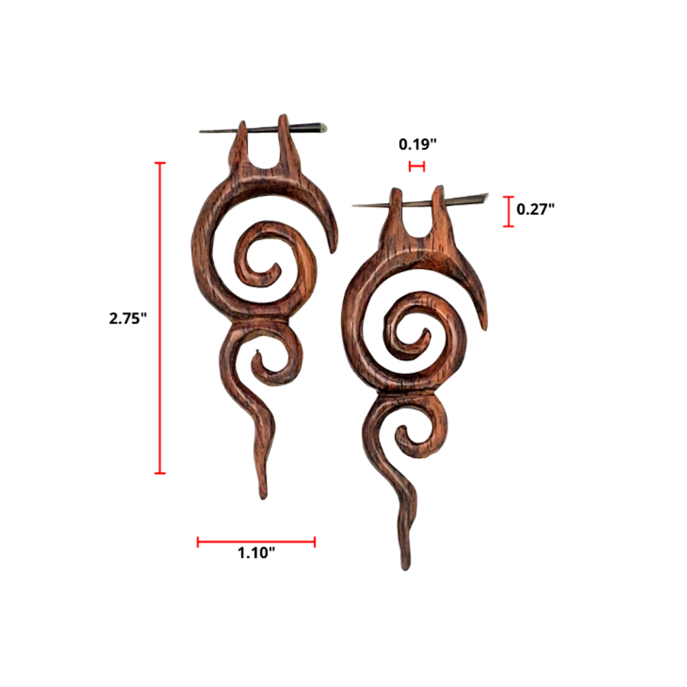 Wood Long Spiral Dangle Pin Earrings Boho Tribal Design Stick Posts