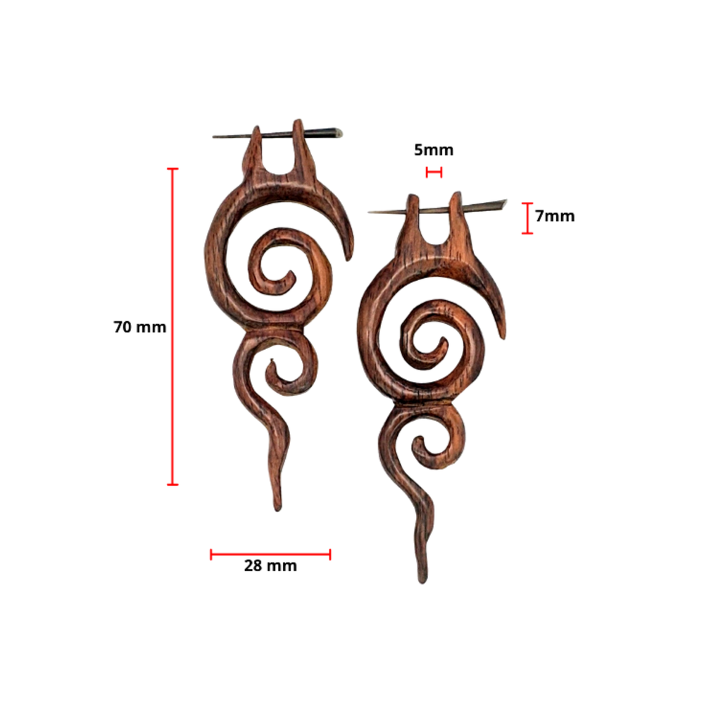 Wood Long Spiral Dangle Pin Earrings Boho Tribal Design Stick Posts