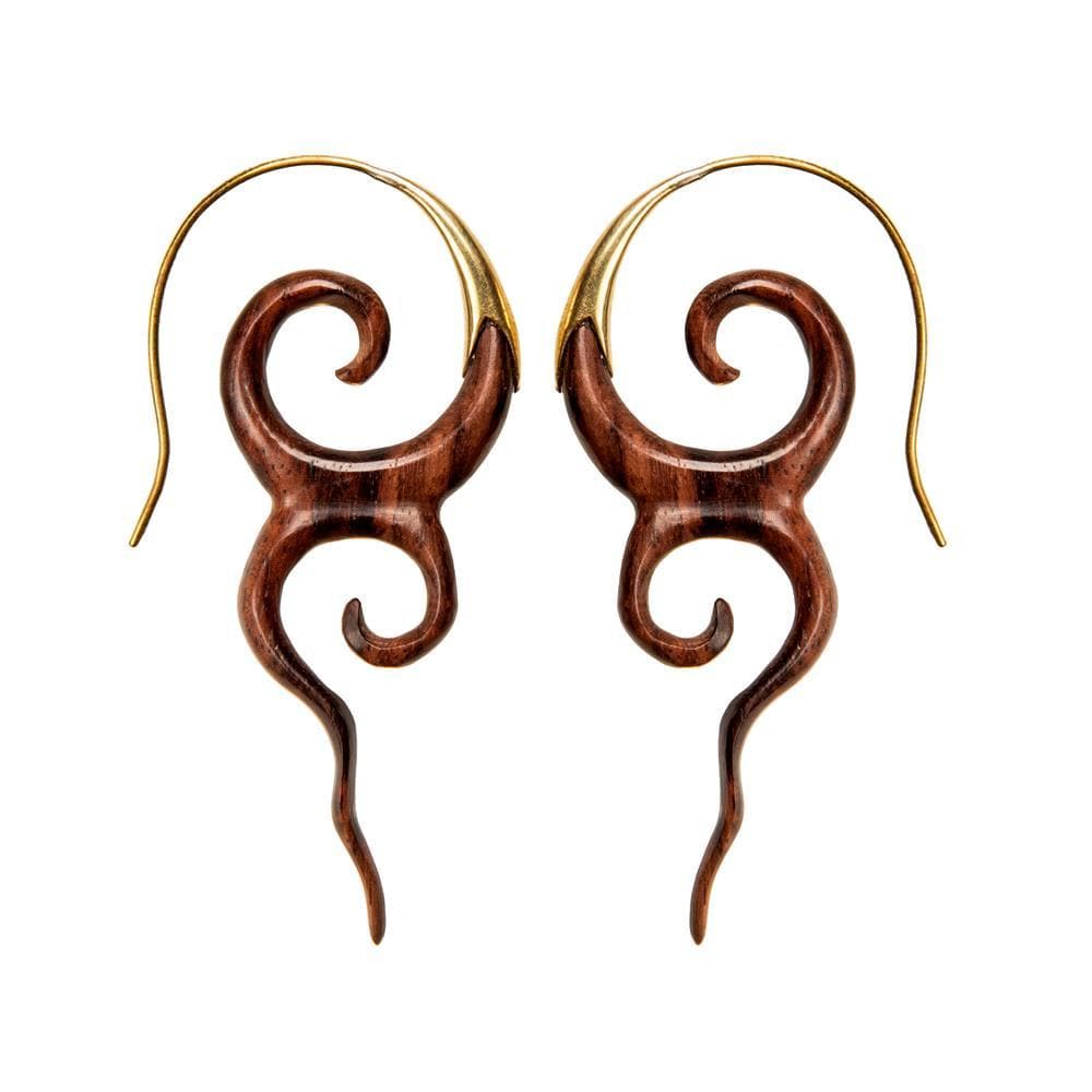 Wood Gold Brass Wire Long Double Spiral Swirl Wooden Tribal Earrings