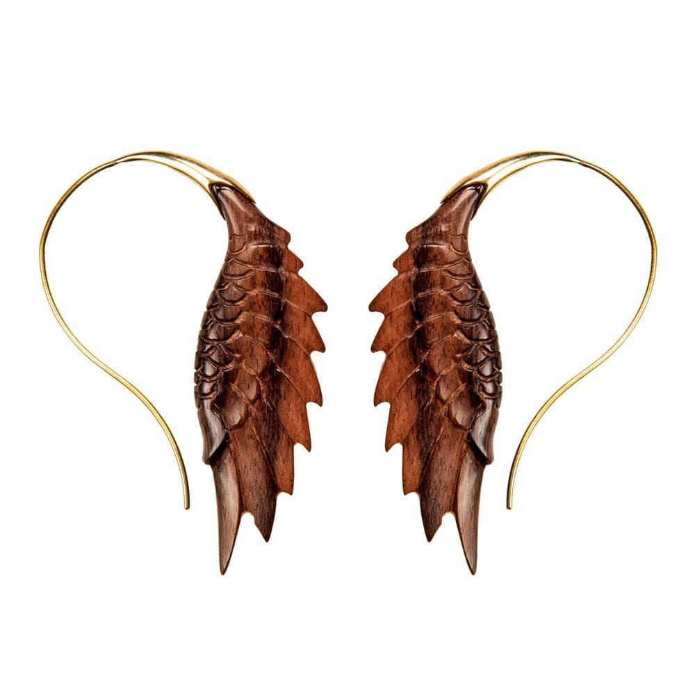 Wood Gold Brass Detailed Carved Wings Tribal Statement Earrings