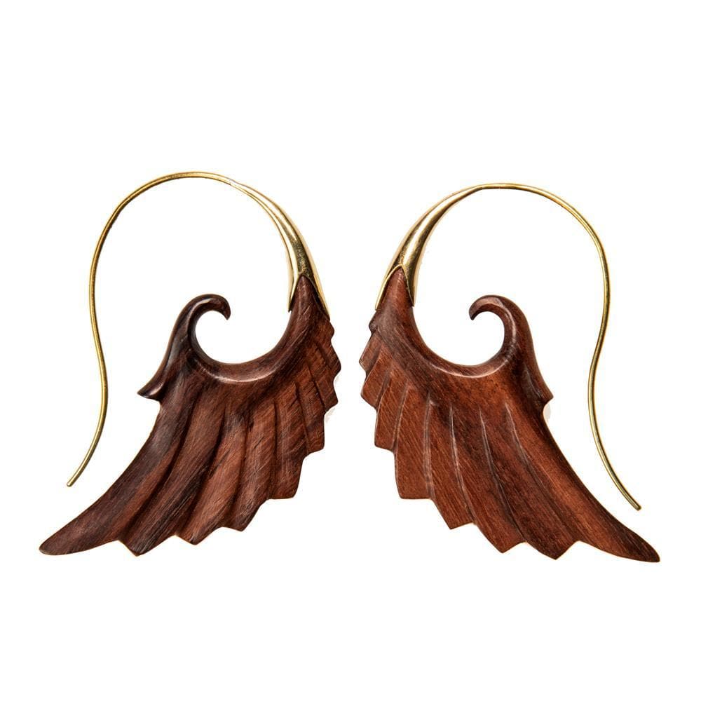 Wood Gold Brass Angel Bird Wings Spiral Tribal Wooden Earrings