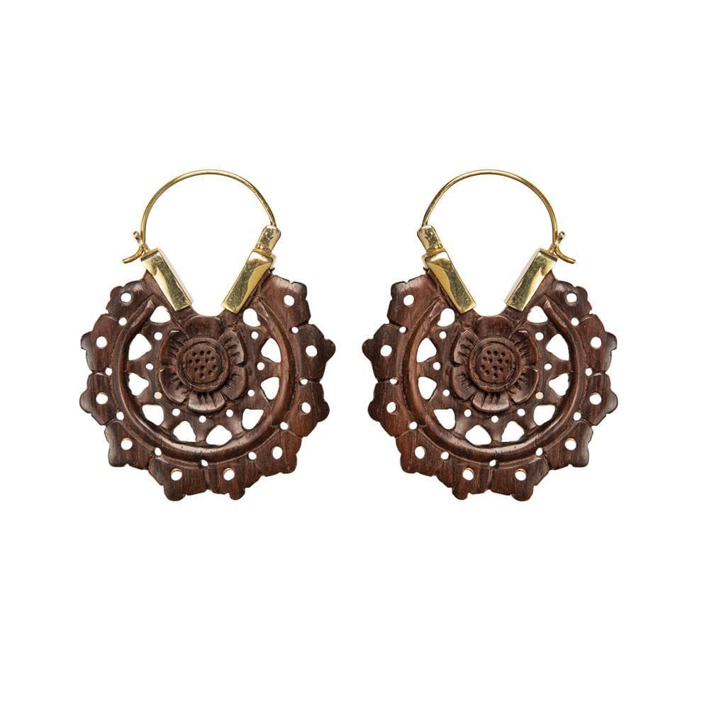 Wood Gold Brass Carved Flower Intricate Mandala C-Shape Earrings