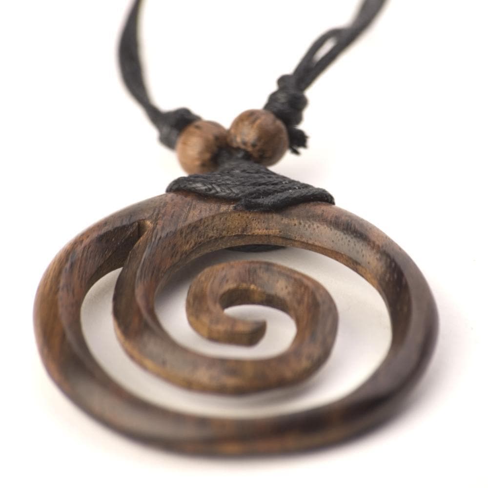 
                  
                    Wood Large Spiral Pendant Tribal Necklace With Adjustable Black Cord
                  
                
