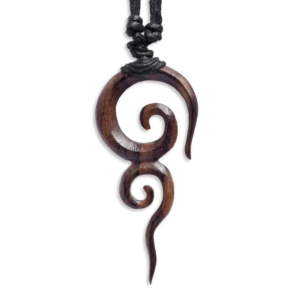 Wood Long Double Spiral Tribal Pendant Adjustable Boho Cord Necklace