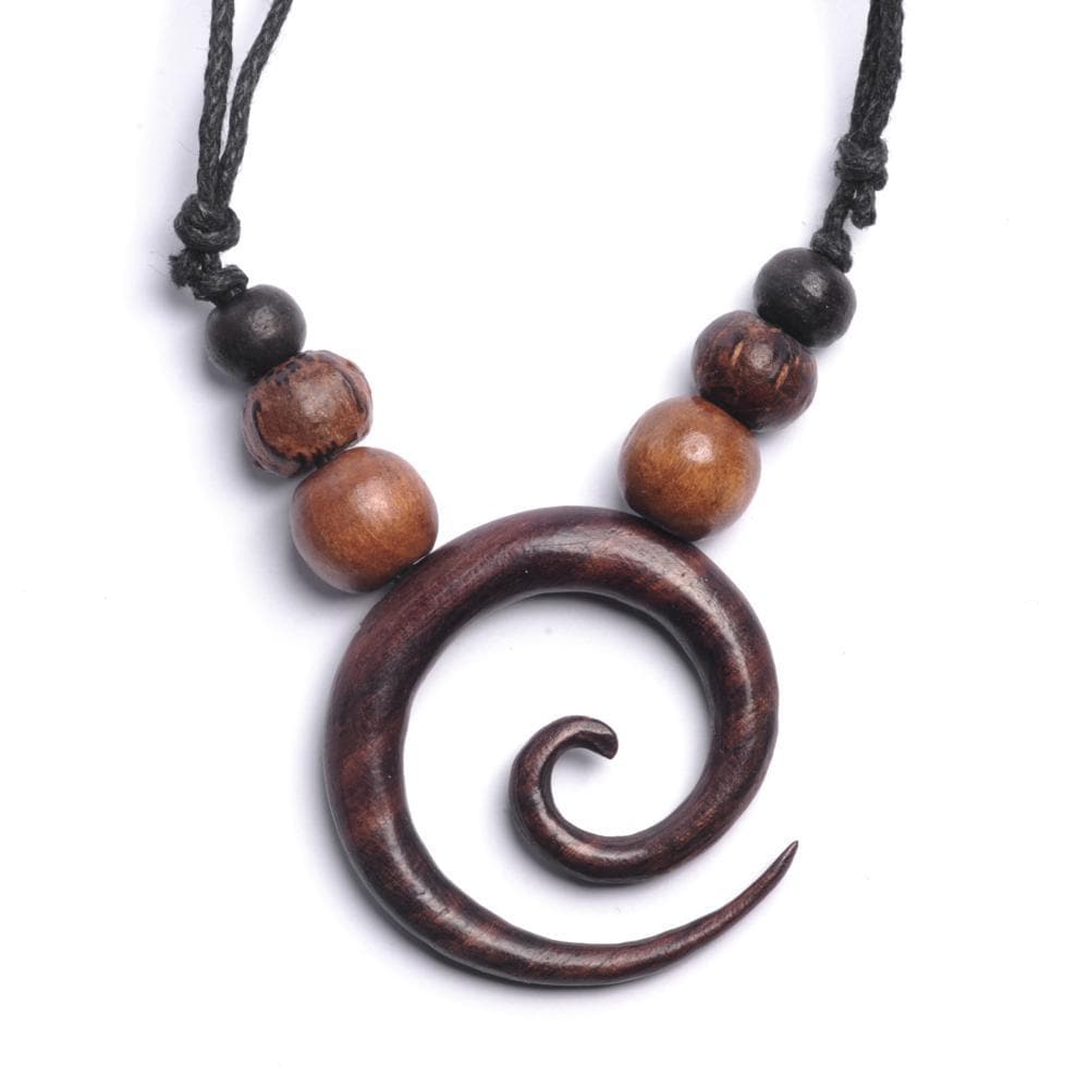
                  
                    Wood Round Spiral Pendant Tribal Beaded Necklace With Adjustable Cord
                  
                