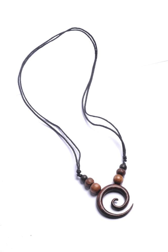 Wood Round Spiral Pendant Tribal Beaded Necklace With Adjustable Cord