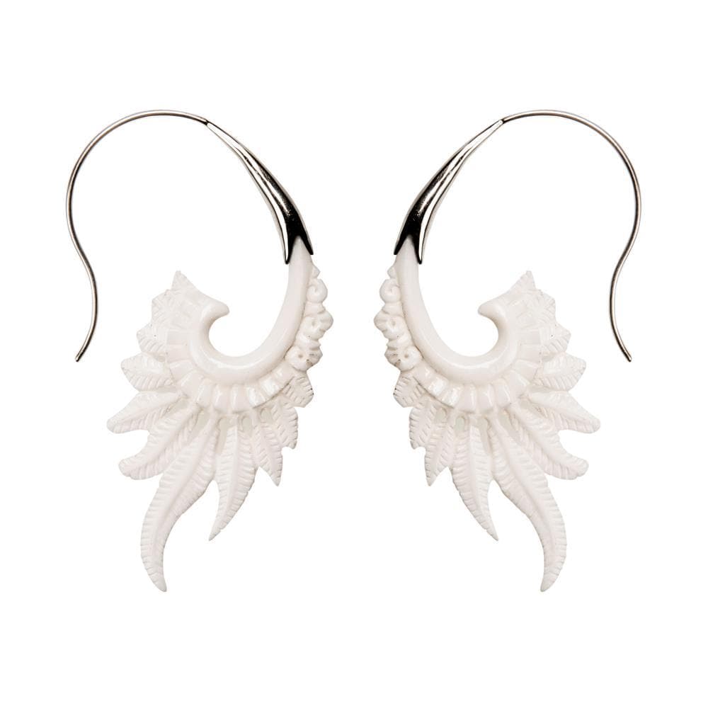 Bone Long Feather Wing Statement Earrings With Sterling Silver Hooks
