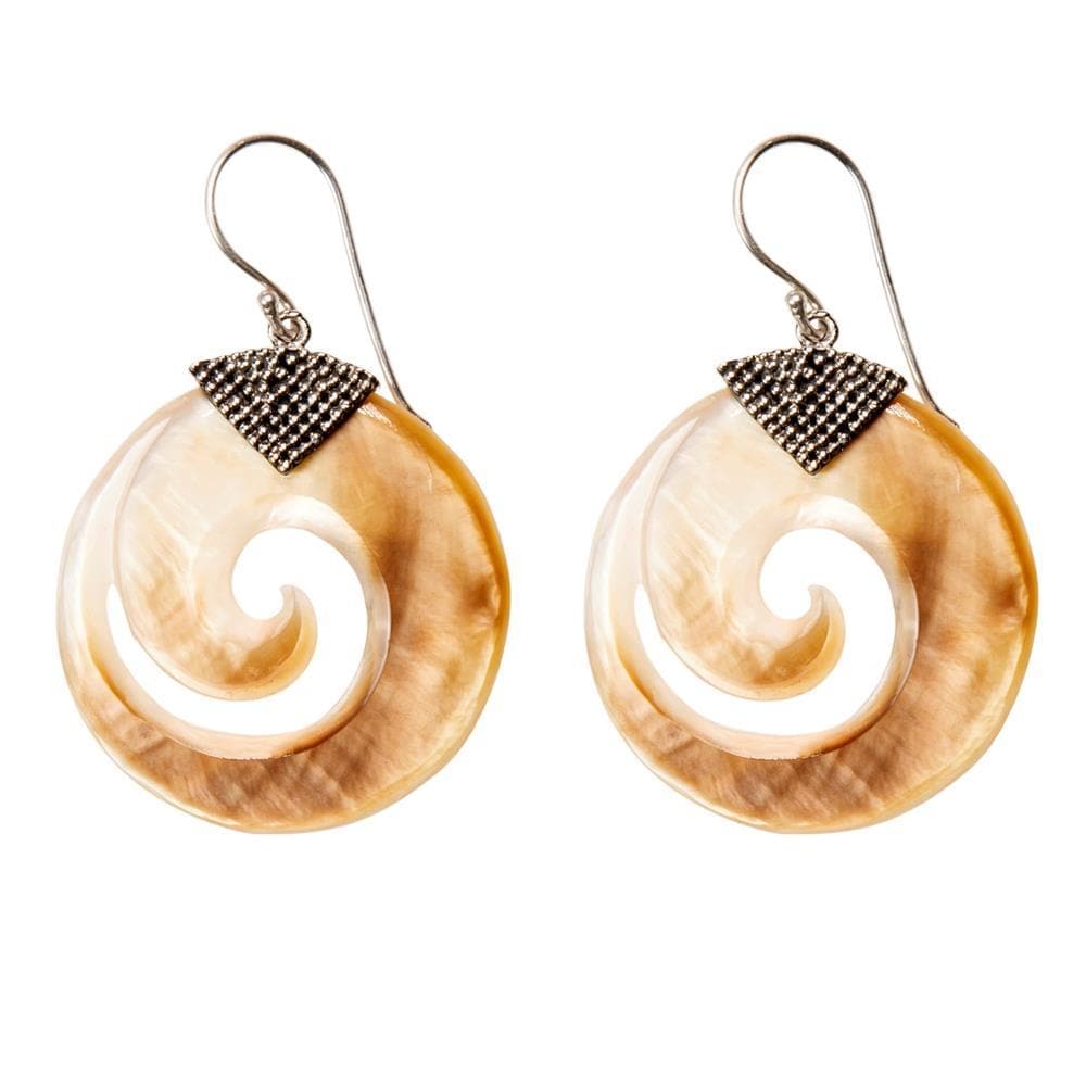 
                  
                    Mother of Pearl Sterling Silver Round Spiral Tribal Dangle Earrings
                  
                