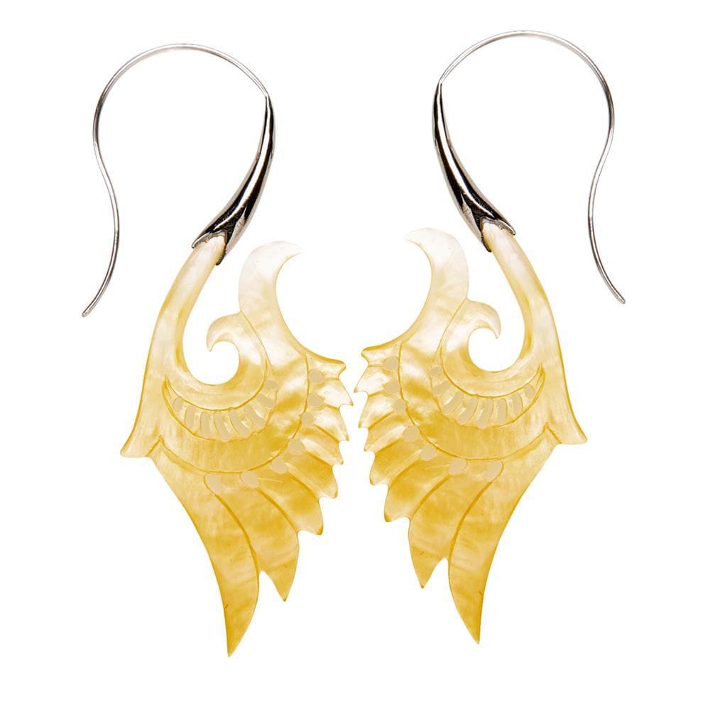 Mother of Pearl Sterling Silver Long Feather Wing Spiral Earrings