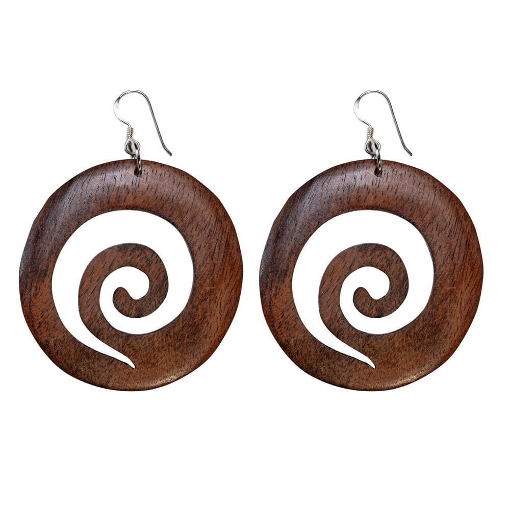 Wood Large Round Disc Spiral Earrings With Sterling Silver Hooks