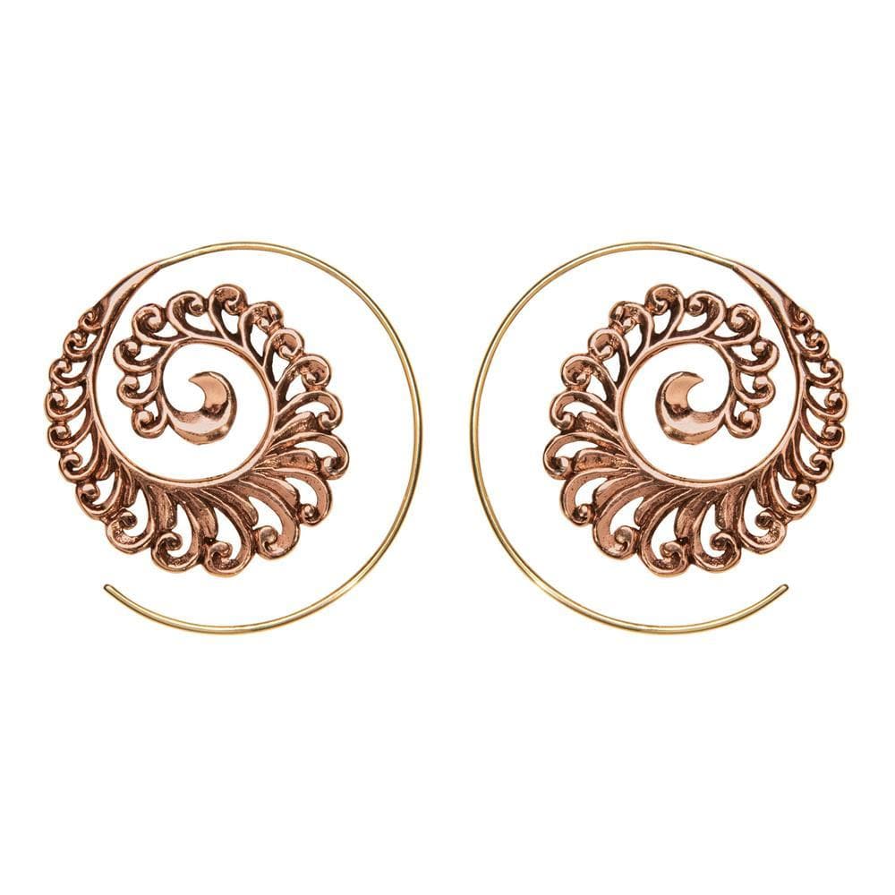 Gold Brass Copper Peacock Swirl Petal Tribal Spiral Threader Earrings