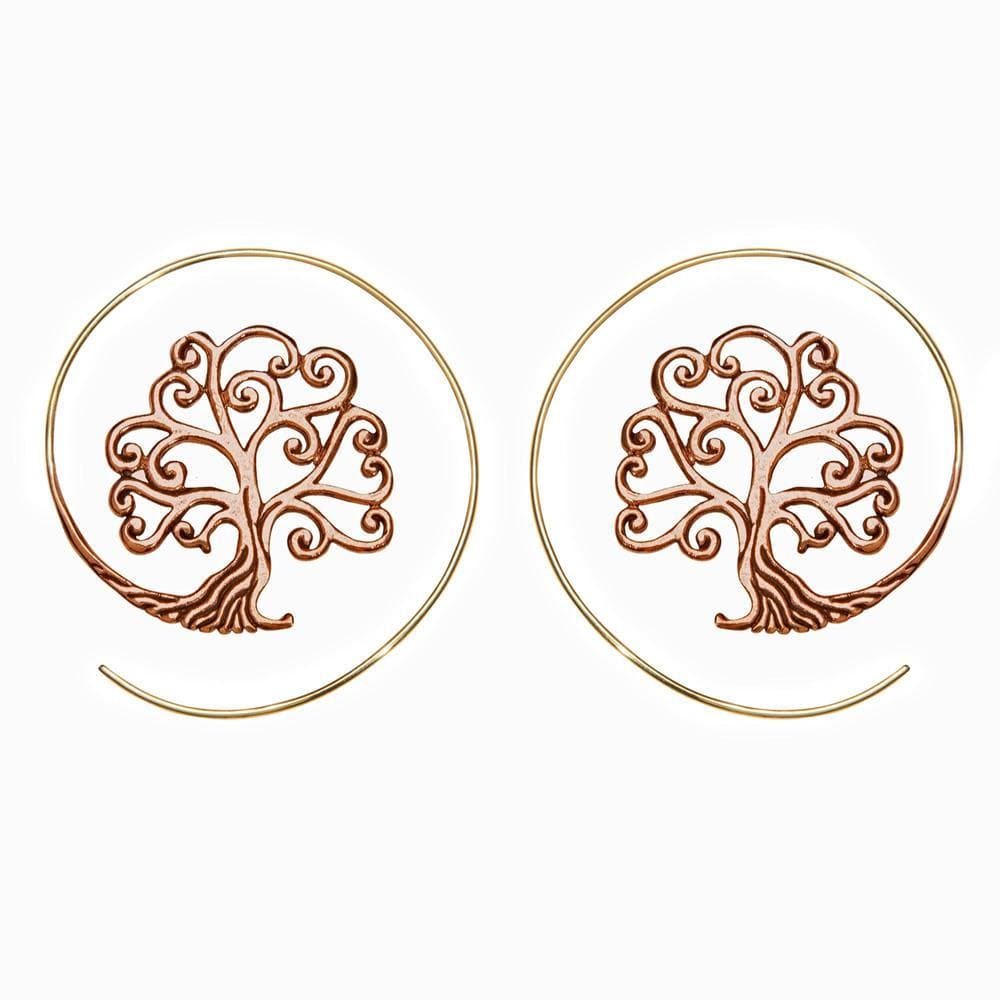 Gold Brass Copper Boho Round Swirl Tree of Life Threader Earrings