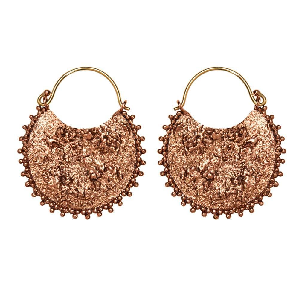 Gold Brass & Copper Antique Rustic Style Hoops Textured Disc Earrings