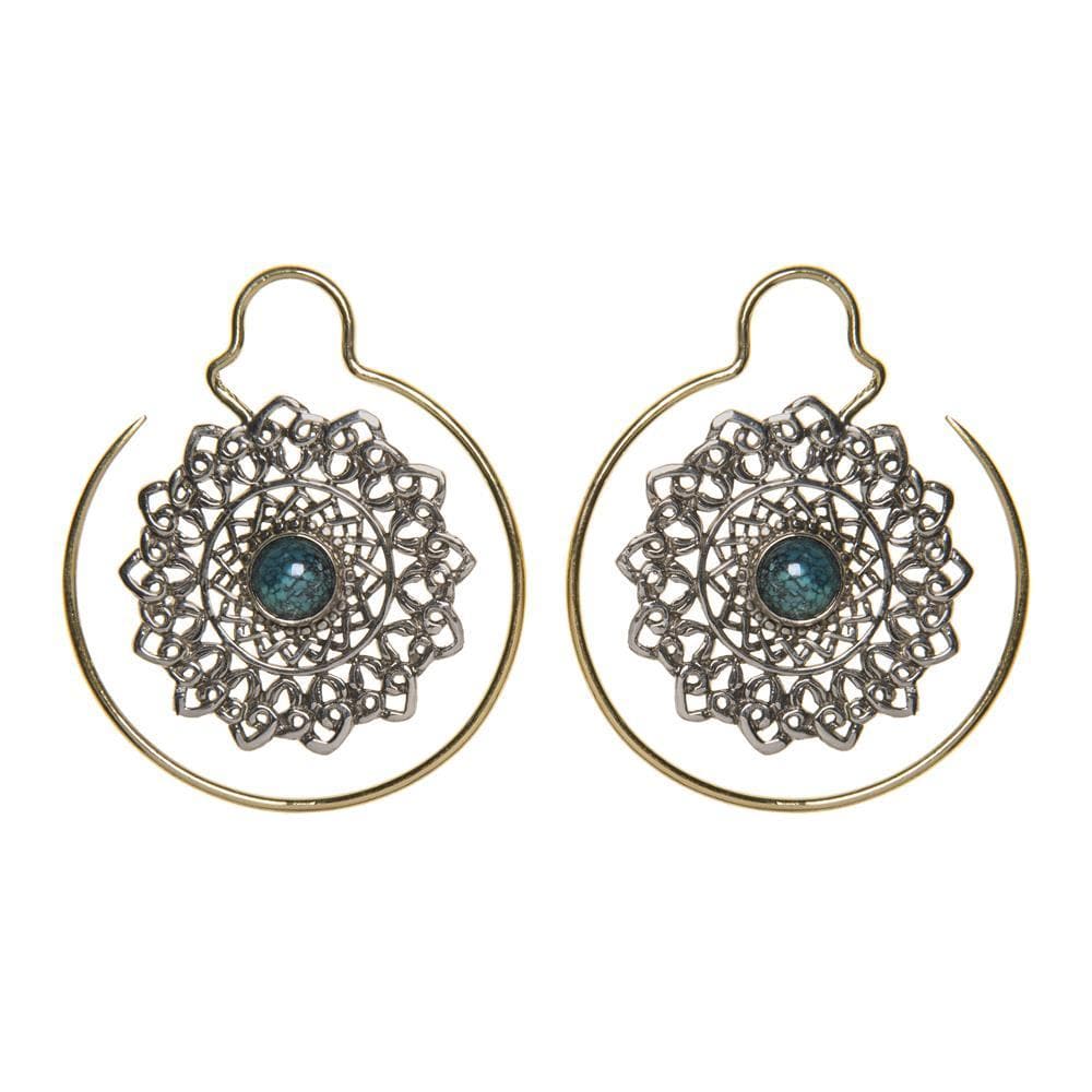 Silver & Gold Brass Turquoise Mandala Hoops Filigree Threader Earrings