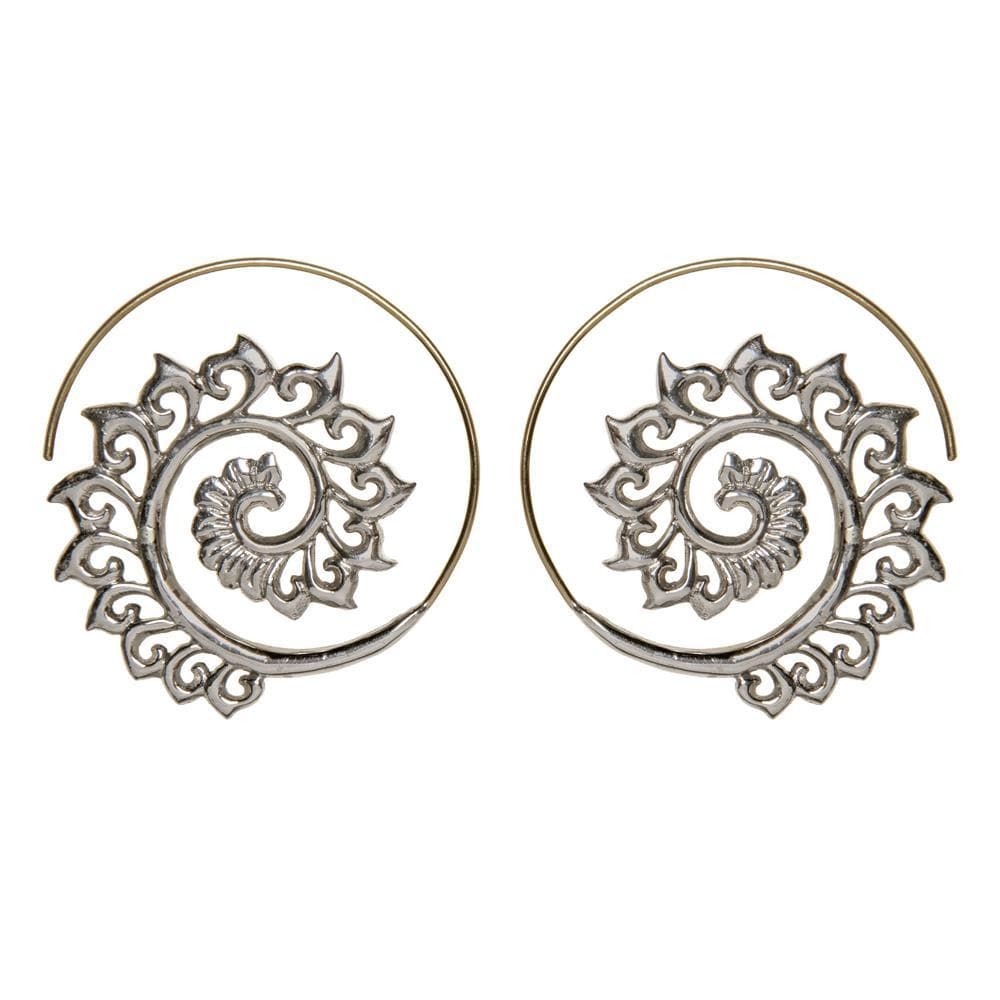 Silver & Gold Brass Ornate Peacock Spiral Swirl Hoop Threader Earrings