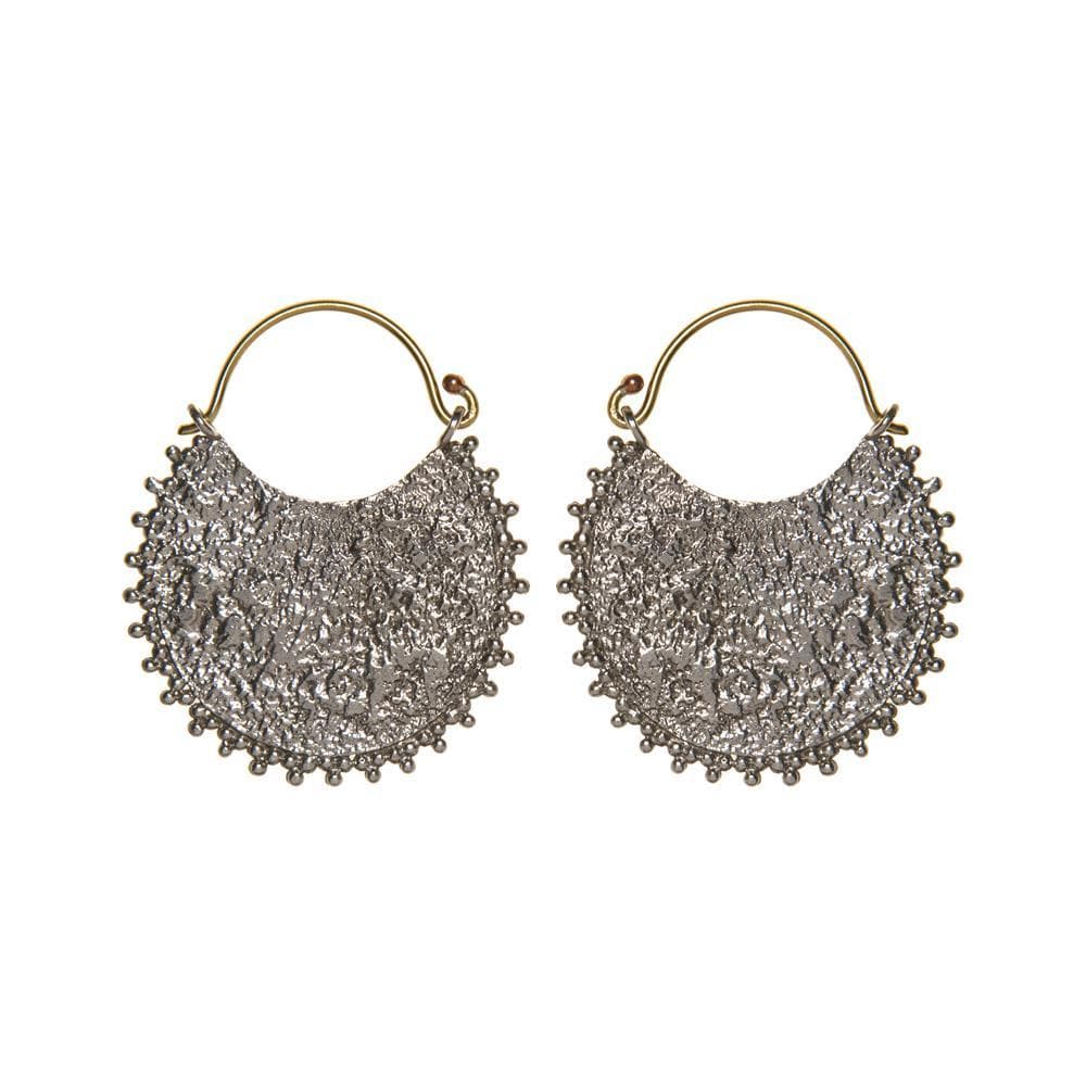 Silver & Gold Brass Antique Rustic Style Hoops Textured Disc Earrings