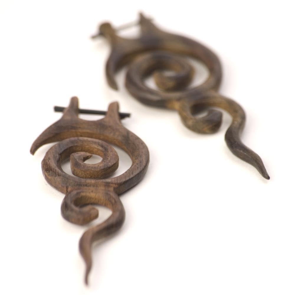 Wood Long Spiral Dangle Pin Earrings Boho Tribal Design Stick Posts