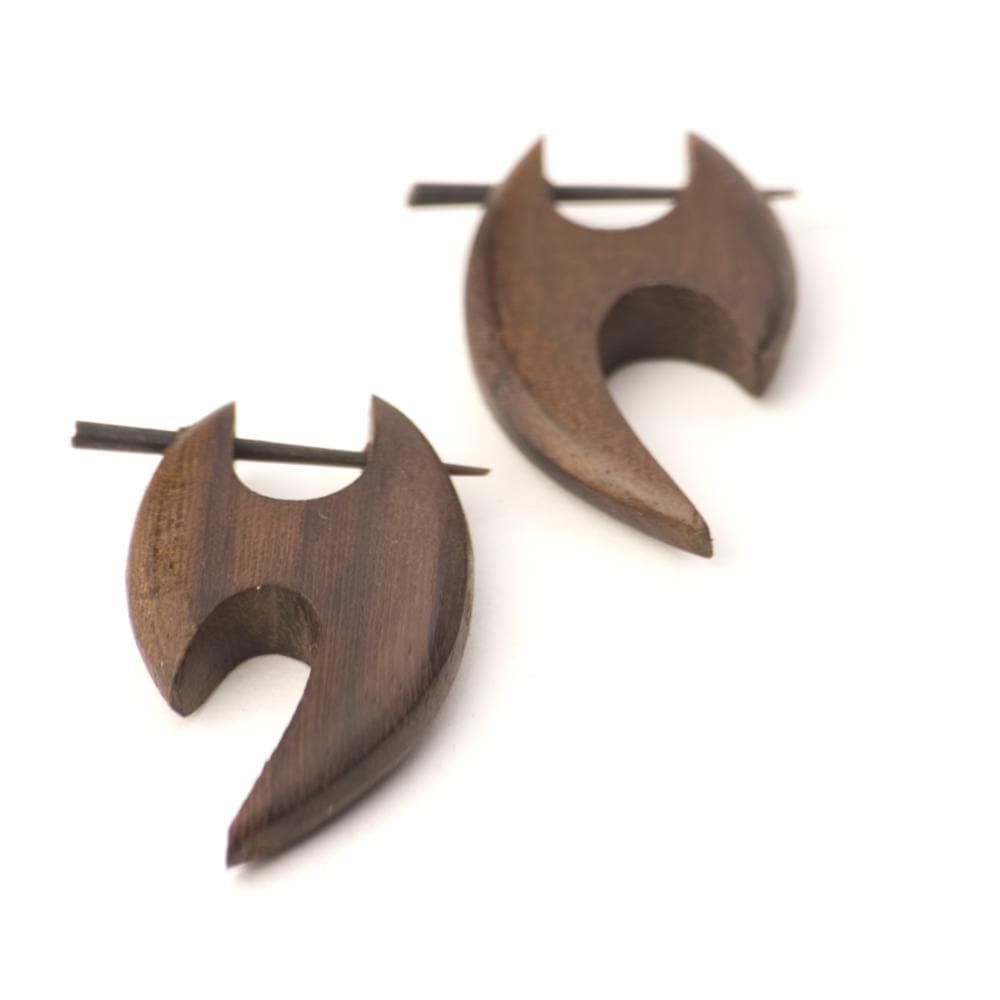 Wood Tribal Tooth Shaped Pin Earrings With Stick Posts Surfer Jewelry