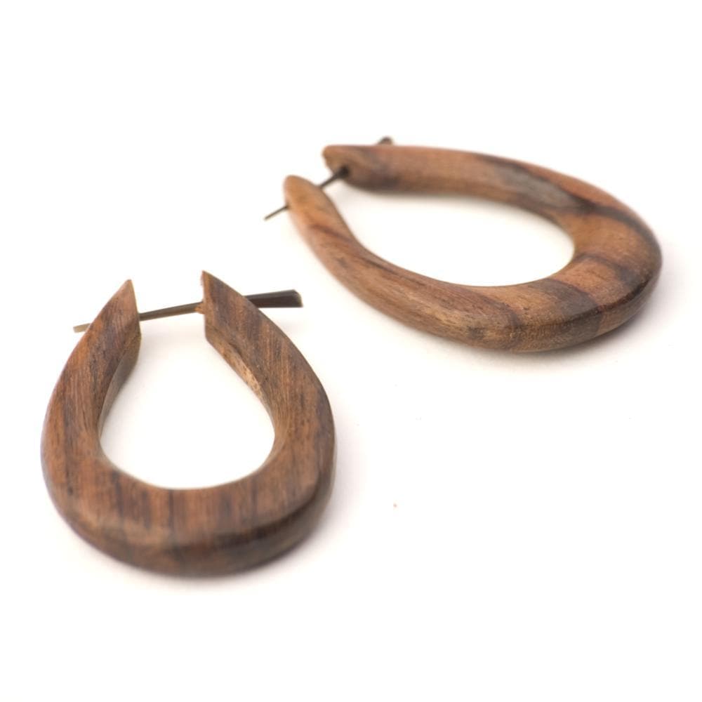 Wood Long Oval Hoops Tribal Wooden Hoop Pin Earrings w/ Stick Posts